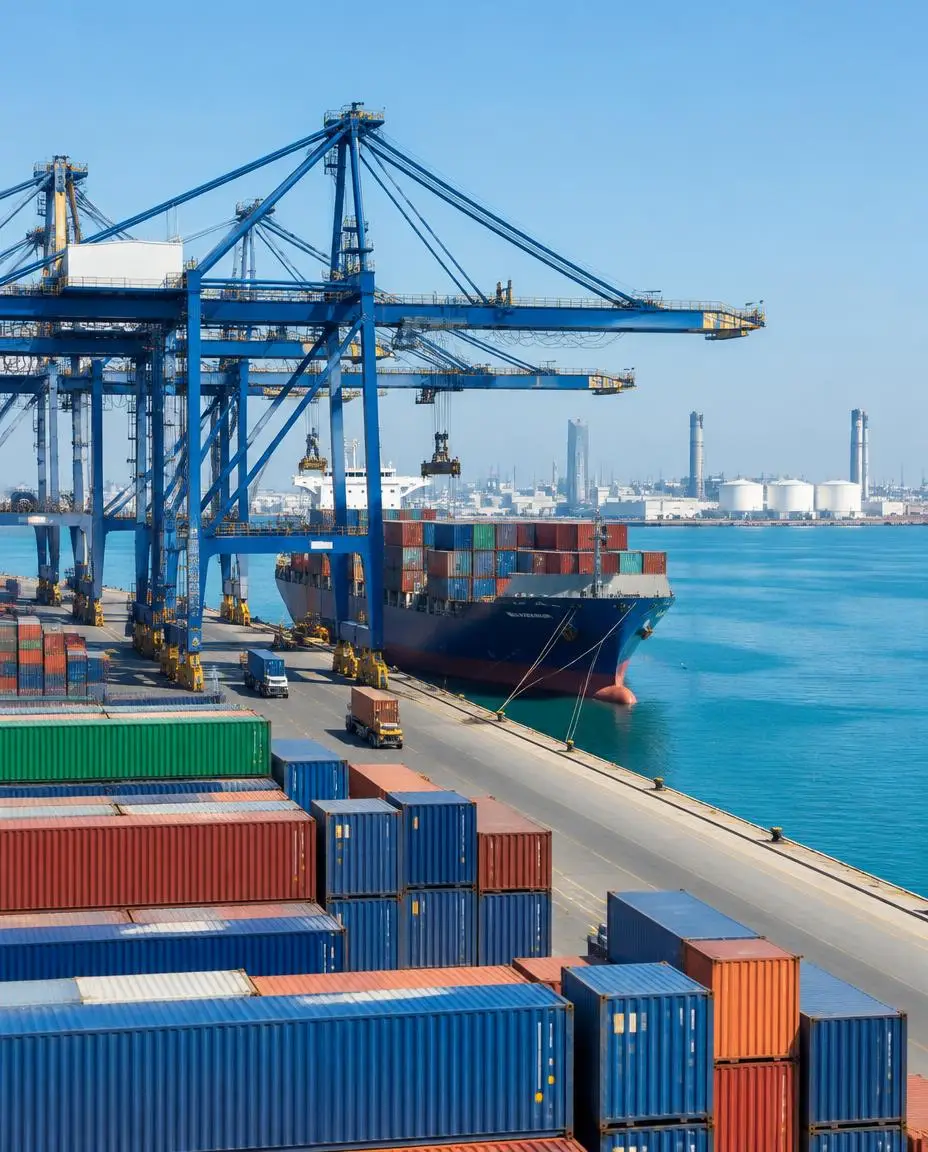 Container terminal and shipping cranes beside Gulf waters — company formation planning for founders from China