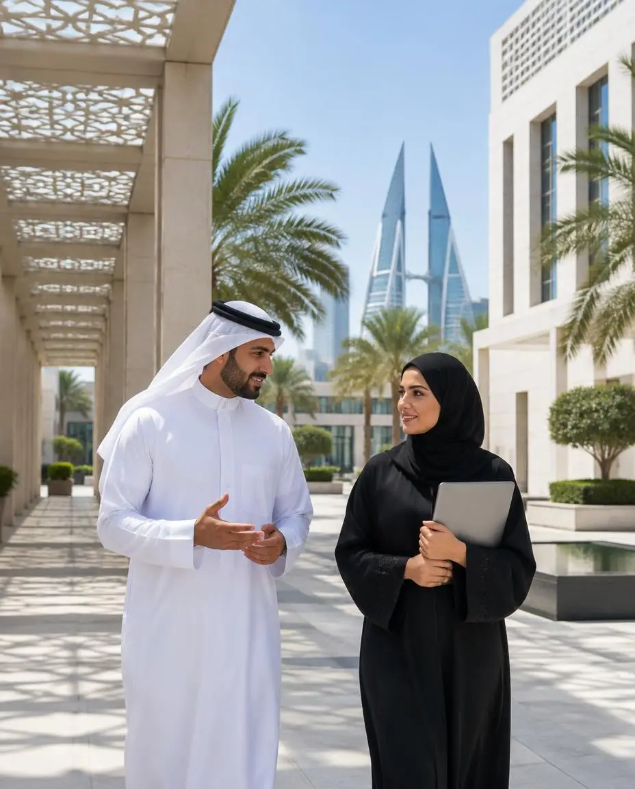Business professionals in a shaded contemporary Bahrain office courtyard — company formation planning for founders from Egypt