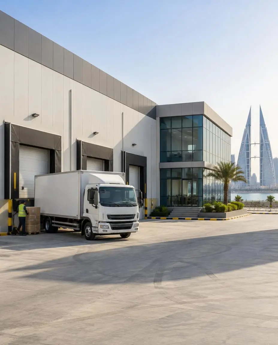 Contemporary warehouse and logistics courtyard in a Bahrain business setting — company formation planning for founders from Pakistan