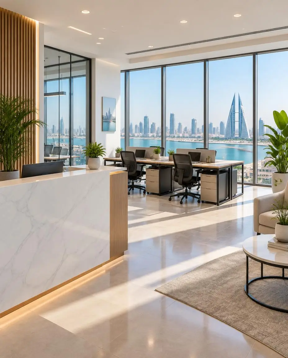 Modern shared workspace overlooking the Manama skyline — company formation planning for founders from the Philippines