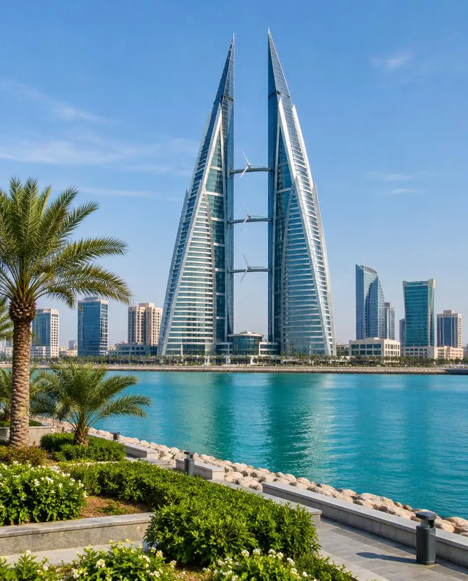 Twin office towers overlooking the Bahrain waterfront — company formation planning for founders from Russia