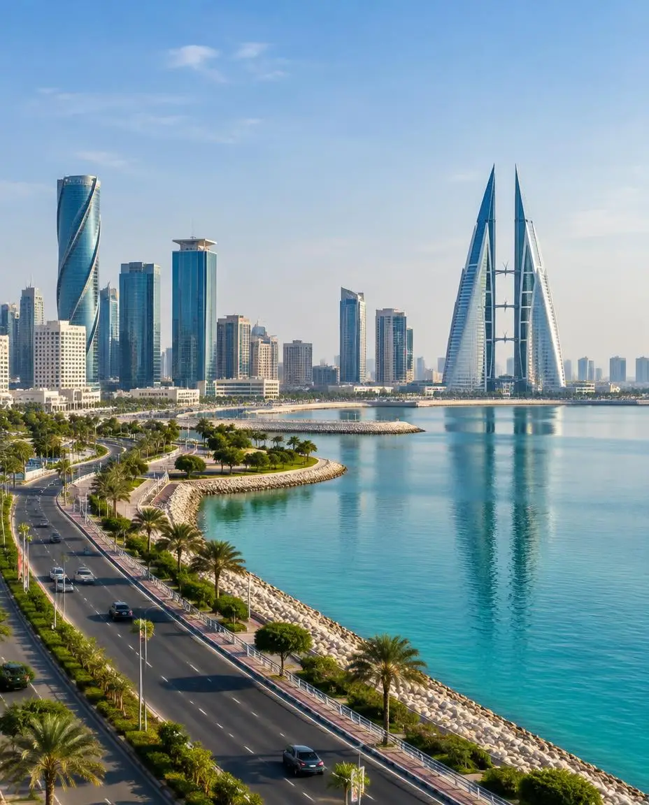 Coastal road beside a modern Bahrain business district — company formation planning for founders from Saudi Arabia