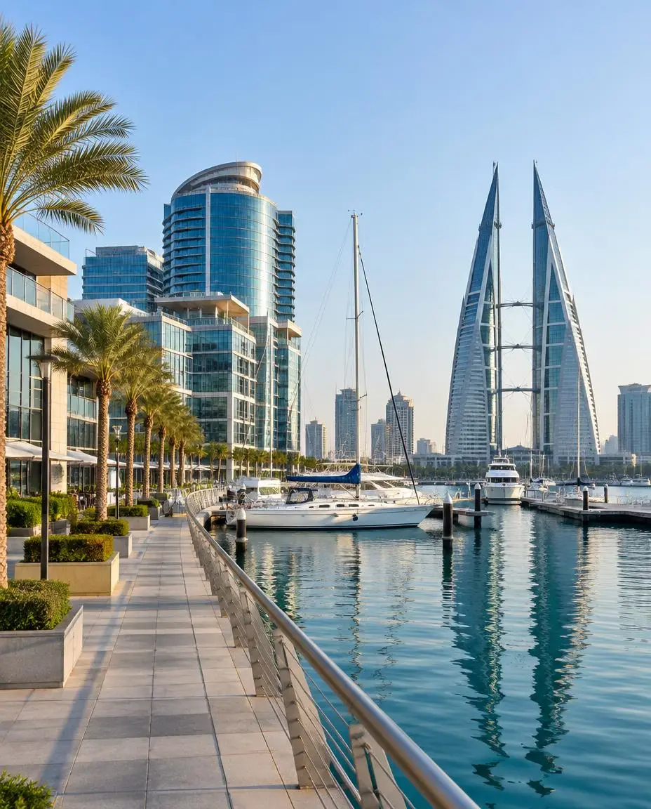 Waterfront offices and sailboats along a Bahrain marina — company formation planning for founders from the UAE