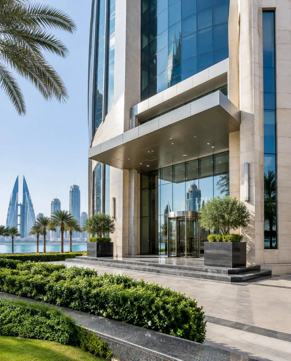 Contemporary glass and stone office entrance in a Bahrain business setting — company formation planning for founders from the UK