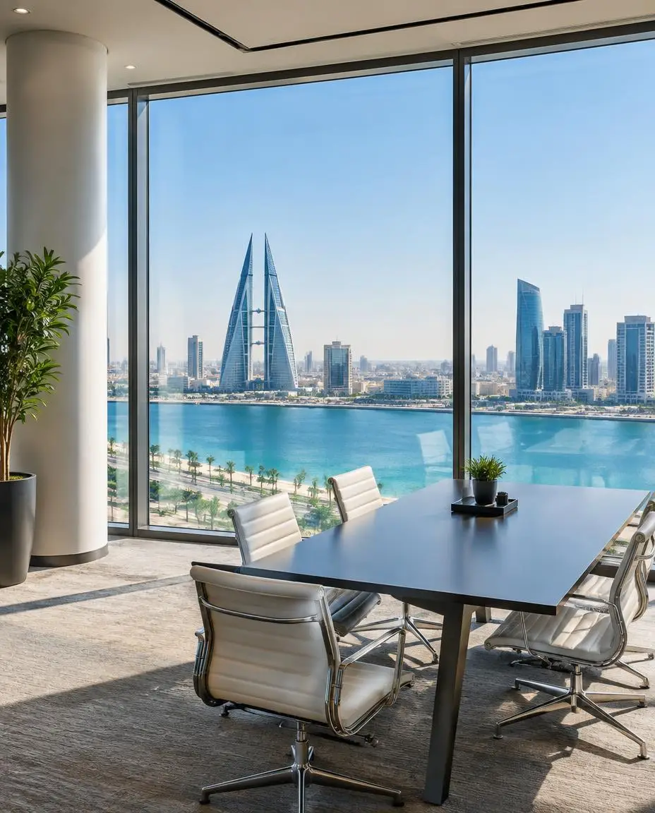 Contemporary meeting room overlooking the Manama waterfront — company formation planning for founders from the USA