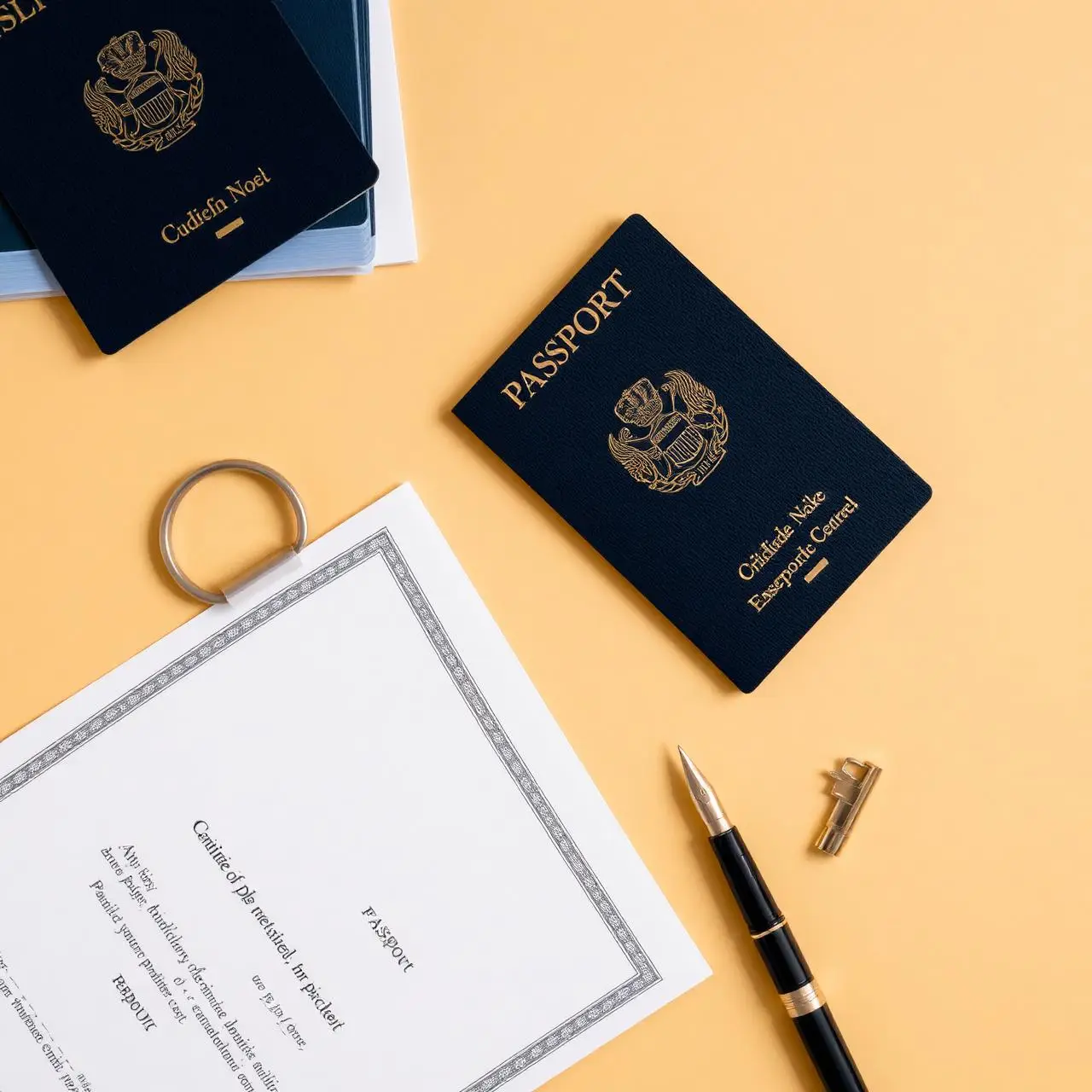 Bahrain company formation documents flat lay with passport and certificate